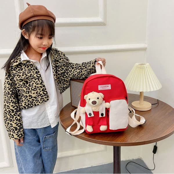 School Bag for Children with Cartoon Bear Doll red