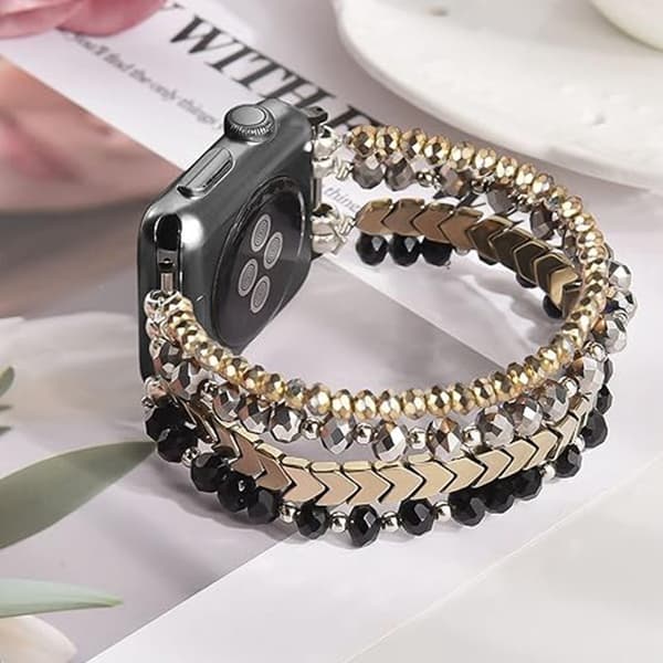 Crystal Multi-Layer Beaded Smartwatch Bracelet – Modular Replacement Strap Compatible with 42/44/45/49mm Watches Black
