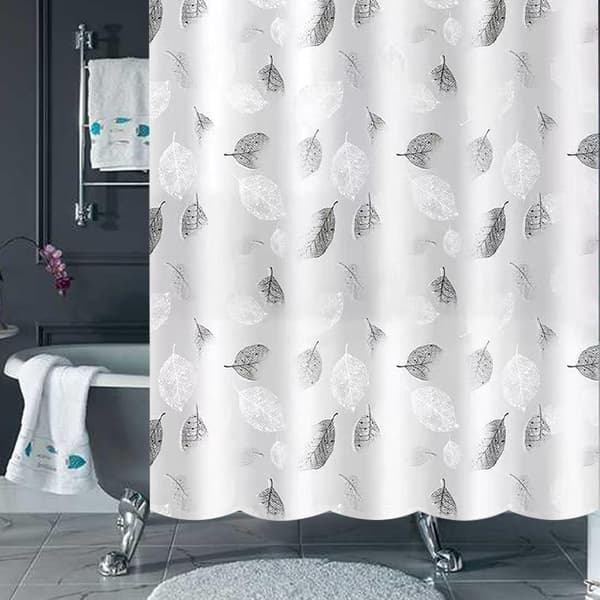 Duschdraperi 180x200cm grått mögelresistent med vita löv, tvättbart draperi med 12 krokar