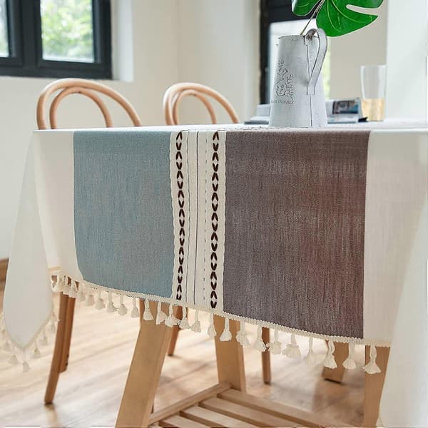 Rektangulär duk i bomullslinne, tvättbar duk med tofsar perfekt för rektangulära avlånga bord, kök, matsal (140 x 220 cm, blå)
