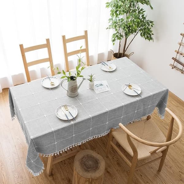 Rustik rutig duk (228,6\"x228,6\") Bomull Linne Grå Rektangulär