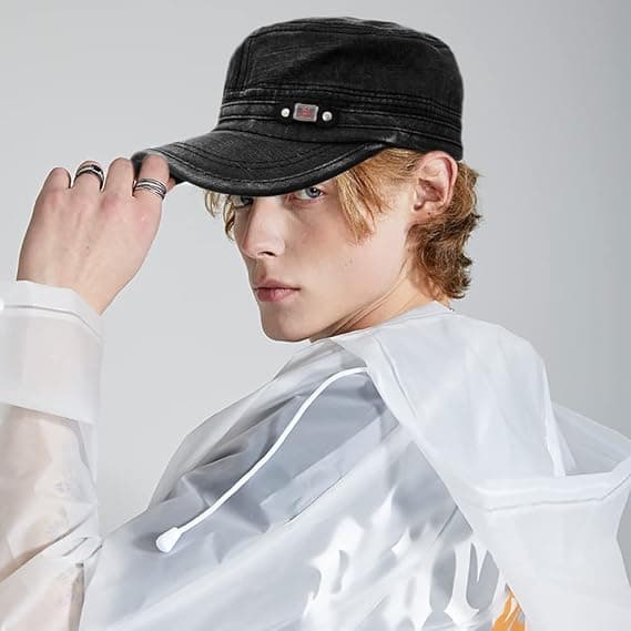 Unisex Cadet Army Cap Adjustable Flat Top Cap Washed Cotton Military Hat Baseball Cap Black