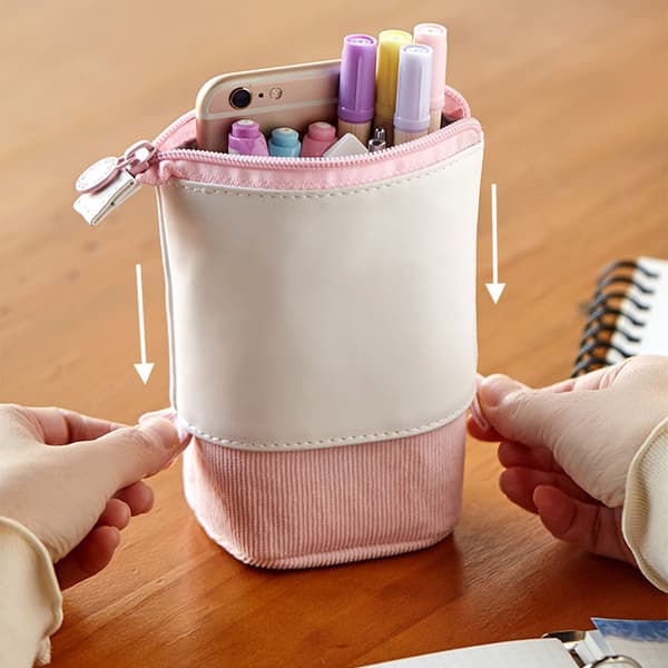 Pink Soft Comfortable Shrinkable Standing Pencil Case Pen Holder with 3 Pockets for School