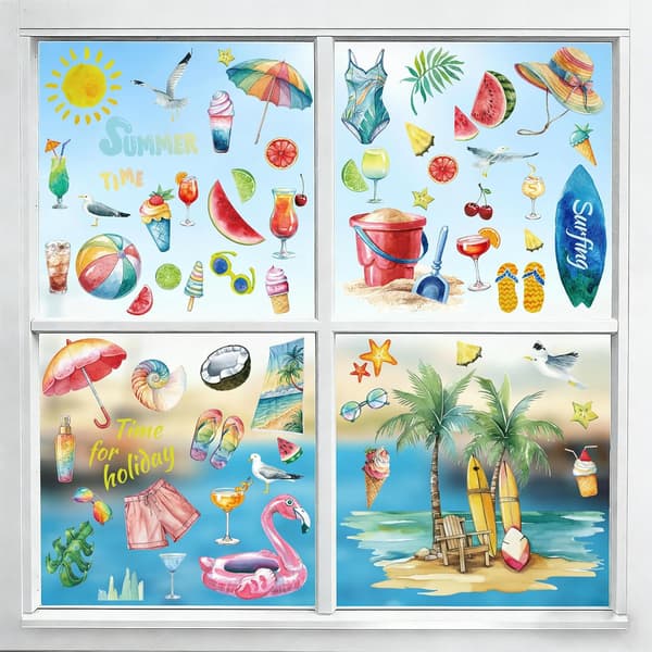 Summer Window Clings for Glass Windows - 9 Sheets 72 Pcs Summer Pool Beach Sun Ice Cream Window Decals for Summer Party Window Decorations