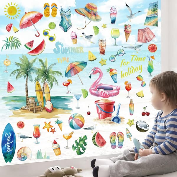 Summer Window Clings for Glass Windows - 9 Sheets 72 Pcs Summer Pool Beach Sun Ice Cream Window Decals for Summer Party Window Decorations