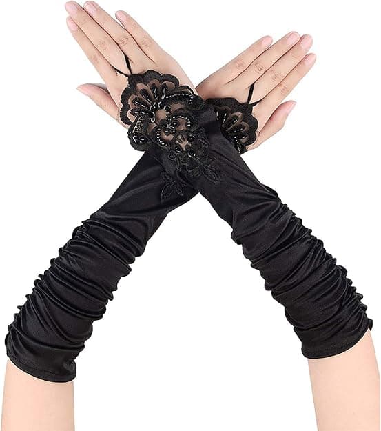 1 par lange elastiske fingerløse handsker til kvinder Spids Opera Aftenhandsker Satinhandsker til Halloweenfest, bryllup, koncert (sort)