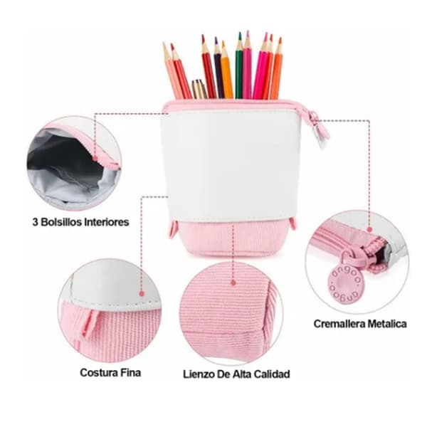 Pink Soft Comfortable Shrinkable Standing Pencil Case Pen Holder with 3 Pockets for School