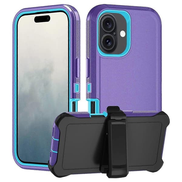 For iPhone 16 Removable Shell PC+TPU Phone Case with Back Clip Stand Multicolo Multicolor Dark Purple+Sky Blue
