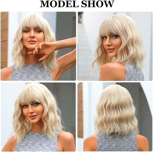 1 pc 14\" Short Wavy Wig Light Blonde with Bangs Shoulder Length