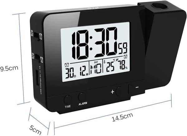 Projection Clock, Digital Alarm Clock, LED Display Projector Clock with Backlight Snooze, 2 Alarm Sounds (Black)