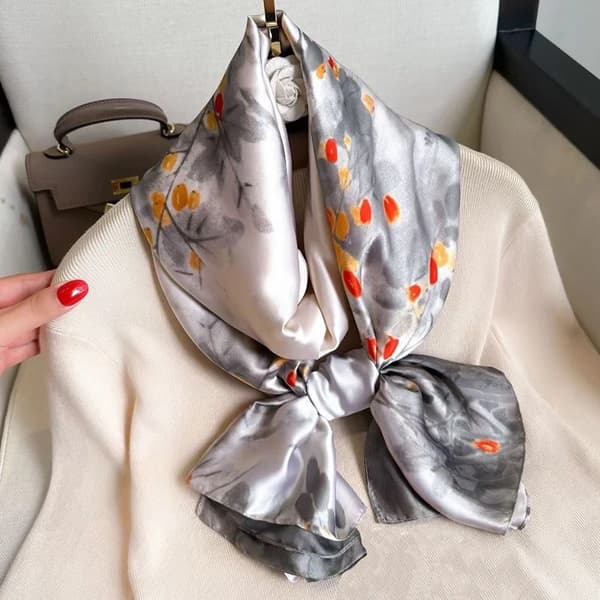 Beige Floral and Black Patterned Scarf/Shawl, Size 180x90 cm, Large Size, Silky Feel, Soft and Comfortable.