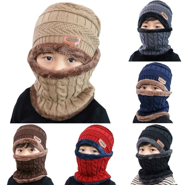 Barnvintervarm stickad enfärgad skidmössa och halsduk