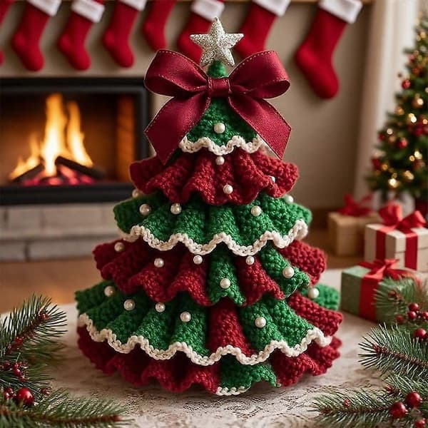 DIY Handmade Crocheted Christmas Tree Kit, Tree Bow Bead Embellishment, Beginner Crochet Kit for Christmas, Christmas Craft Kit with Yarn Hook Beads Instructio white green