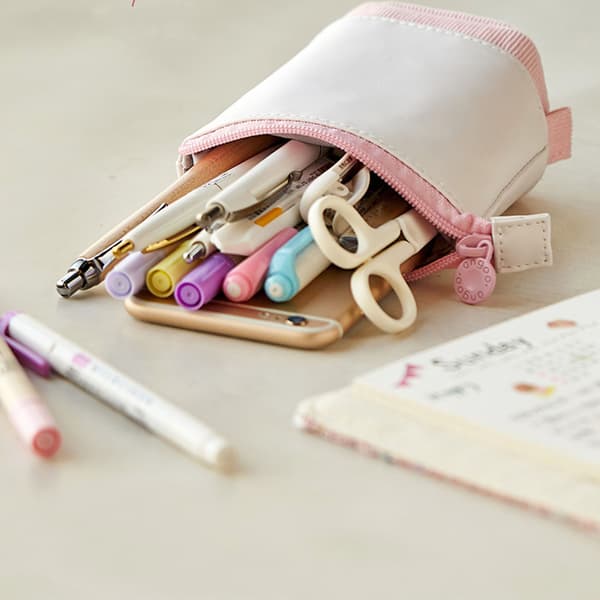 Pink Soft Comfortable Shrinkable Standing Pencil Case Pen Holder with 3 Pockets for School