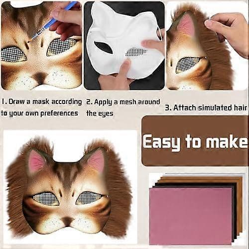 Kattemaske med pels og netøje, DIY blanke papirmasker, hvide malepapirmasker, kattemaske til DIY Halloween Mardi Gras-fest