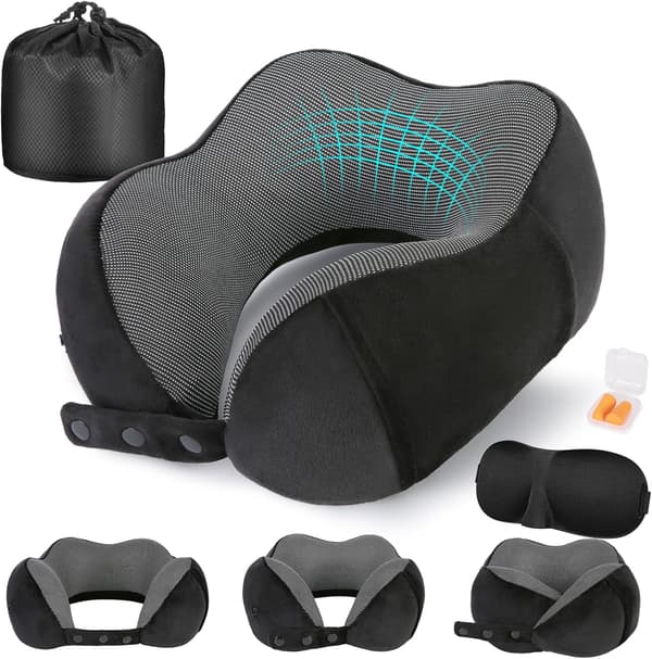 Memory Foam Travel Pillow, Adjustable & Compact Airplane Pillow, Ergonomically Designed, Includes Earplugs, Eye Mask & Storage Bag. black