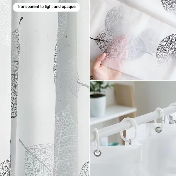 Duschdraperi 180x200cm grått mögelresistent med vita löv, tvättbart draperi med 12 krokar