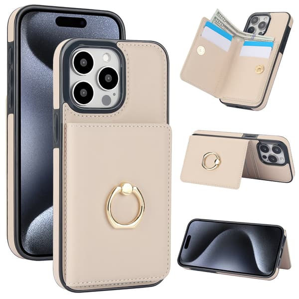Fodral för iPhone 15 beige vit kortplats ring plånbok PU-läder