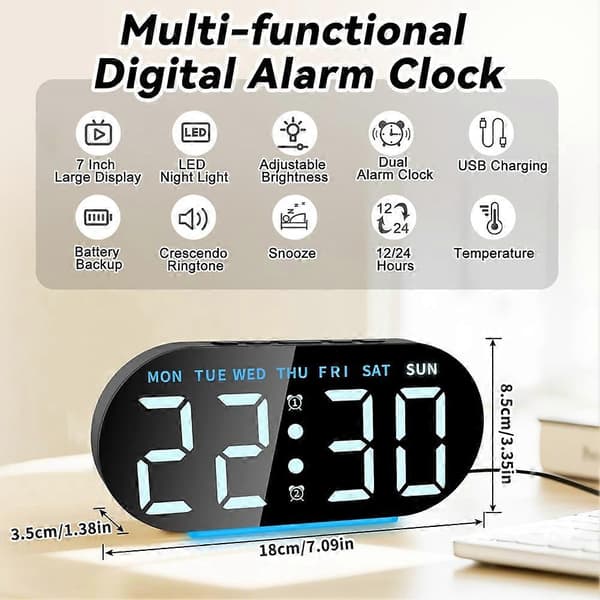 Radio Controlled Digital Alarm Clock with LED Display, Digital Alarm Clock, Night Light, Snooze, Table Clock Green Blue
