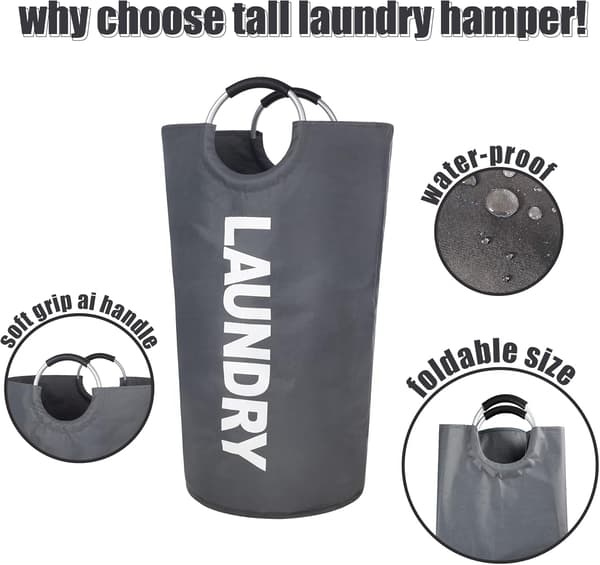 Laundry Bag with Padded Handles, Waterproof Laundry Basket Foldable, Laundry Hamper for Bathroom, Laundry Room, College dark gray