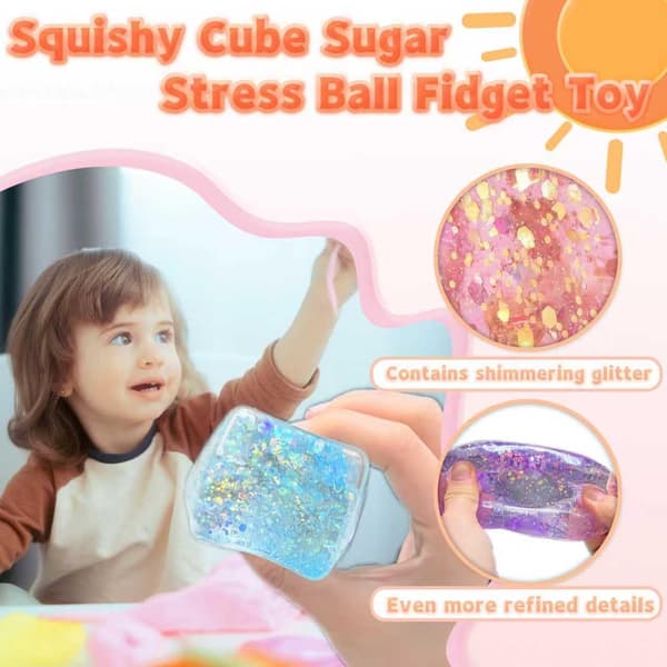 Squishy Blå Kub Socker Stressball Fidgetleke, Glitter Sensorisk Klem Fidgetleke for Gutter og Jenter