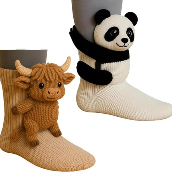 2 par 3D-strikkede dyrestrømper – Håndsyede søde varme nyhedsstrømper til gulv til jul Cow + Panda