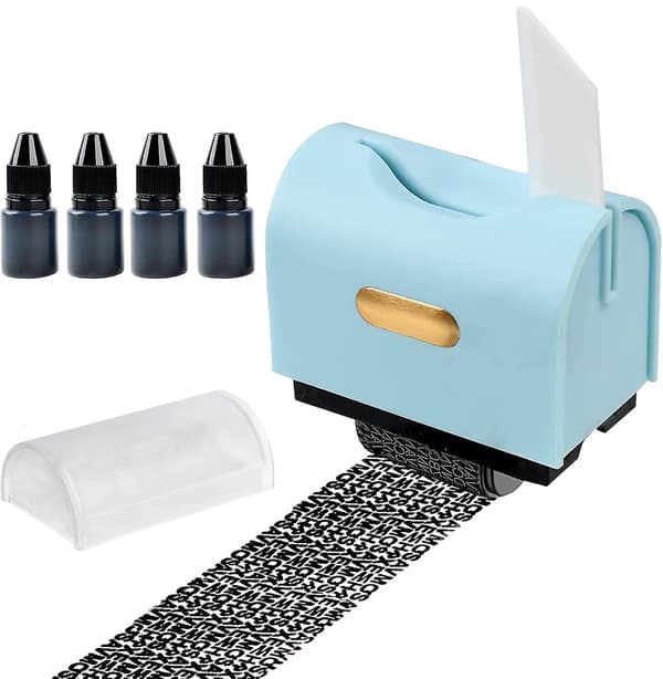 Identity Protection Confidential Roller Stamp - 4-Pack Refill Ink Anti-Theft ID Privacy Security Stamp With Box Opener Blue