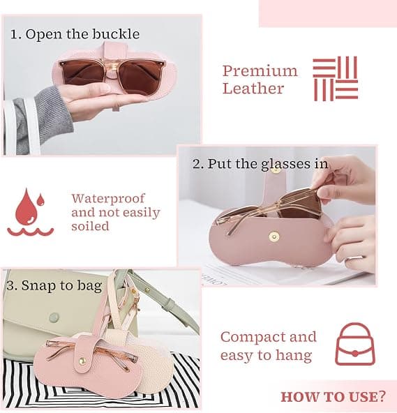 Portable Soft Leather Sunglasses Case with Keychain Hook, Lightweight, Slim, Metal Snap Closure White
