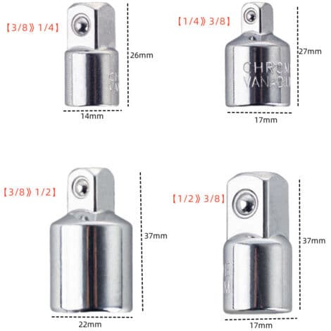 4 stk. skraldeadaptere Sæt med adaptere Skraldeadapter 1/2\" til 3/8\", 3/8\" til 1/2\", 1/4\" til 3/8\", 3/8\" til 1/4\" Reduktionsadaptere til ...