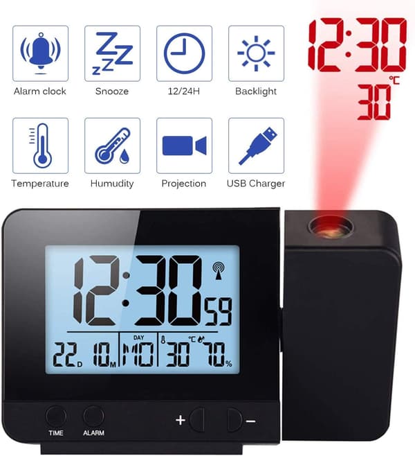 Projection Clock, Digital Alarm Clock, LED Display Projector Clock with Backlight Snooze, 2 Alarm Sounds (Black)