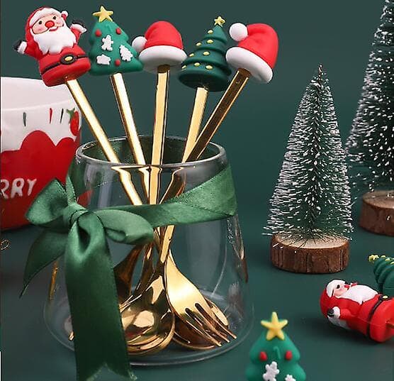 Julsked och gaffelset tecknad jultomte sked dessertsked gaffel presentförpackning CJY