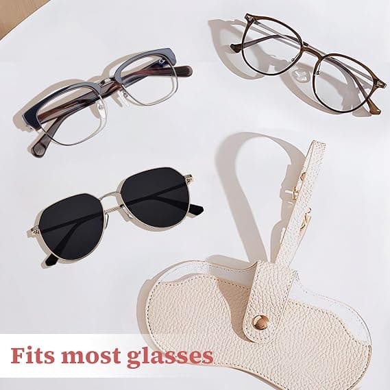 Portable Soft Leather Sunglasses Case with Keychain Hook, Lightweight, Slim, Metal Snap Closure White