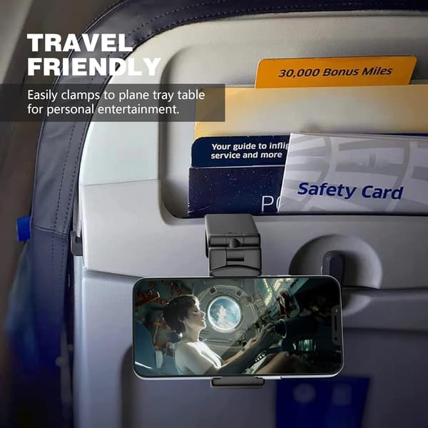 Universal Phone Holder for Airplane. Hands-Free Viewing with Multi-Directional Dual 360-Degree Rotation.