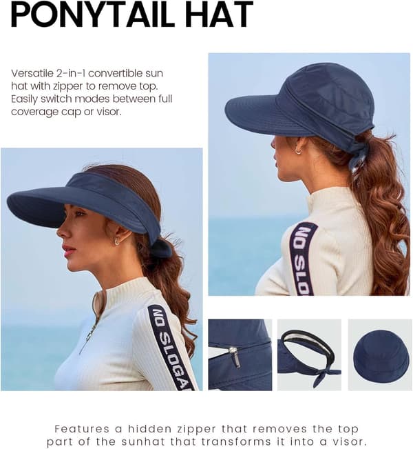 Hatte til kvinder UPF 50+ UV Solbeskyttelse Konvertibel Strandvisirhat Dark Blue