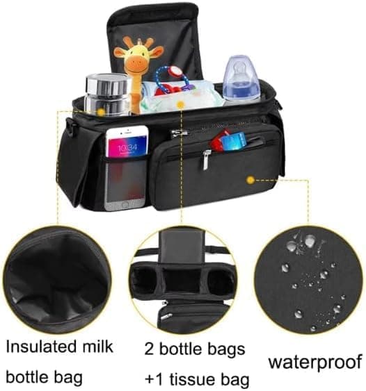 Black Stroller Organizer, Universal Stroller Bag with 2 Cup Holders, Insulated Bottle Holder, Large Pocket for Phone