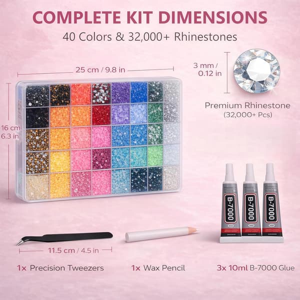 40 farver, 3 mm gelé-rhinsten, 32.000 stk. Bedazzling-sæt med - PC