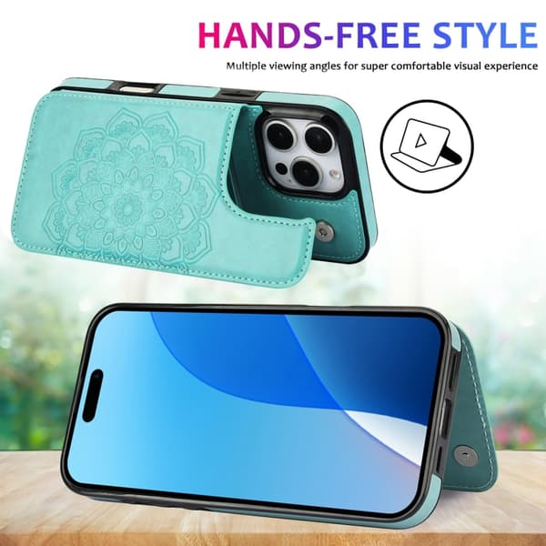 iPhone 16 Pro Max Cover - Dobbelt Spænde Mandala Læder Etui Grön