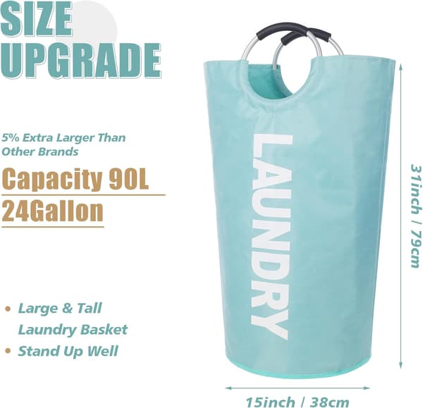 Laundry Bag with Padded Handles, Waterproof Laundry Hamper Foldable, Laundry Basket for Bathroom, Laundry Room, College light blue