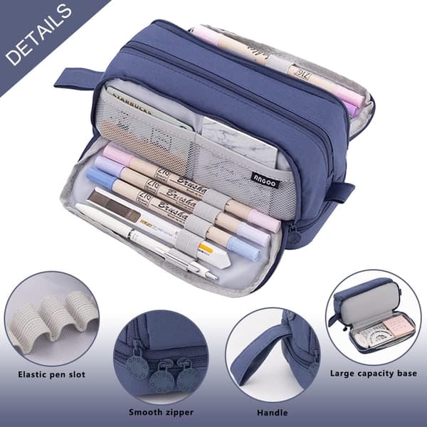 Pencil Case, Large Pencil Case, 4 Compartment Pencil Case Dark blue