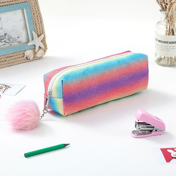 Large Rainbow Sequin Pencil Case - Desk Organizer Rose Pink