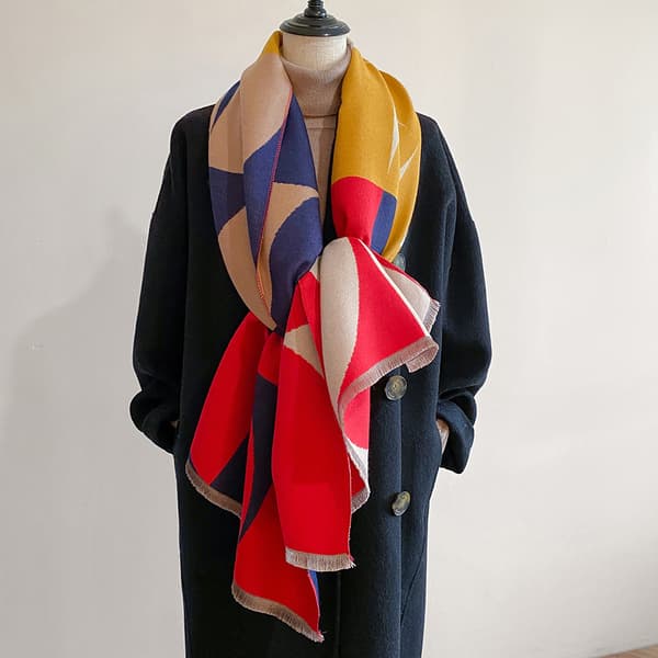 Fashionable Geometric Pattern Scarf, Warm and Windproof Reversible Shawl - A4