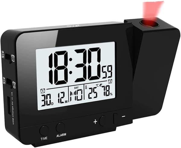 Projection Clock, Digital Alarm Clock, LED Display Projector Clock with Backlight Snooze, 2 Alarm Sounds (Black)