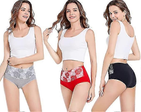 3-pakning bomullstruser med høy midje, magekontroll, rosejacquard, svarte-3stk L
