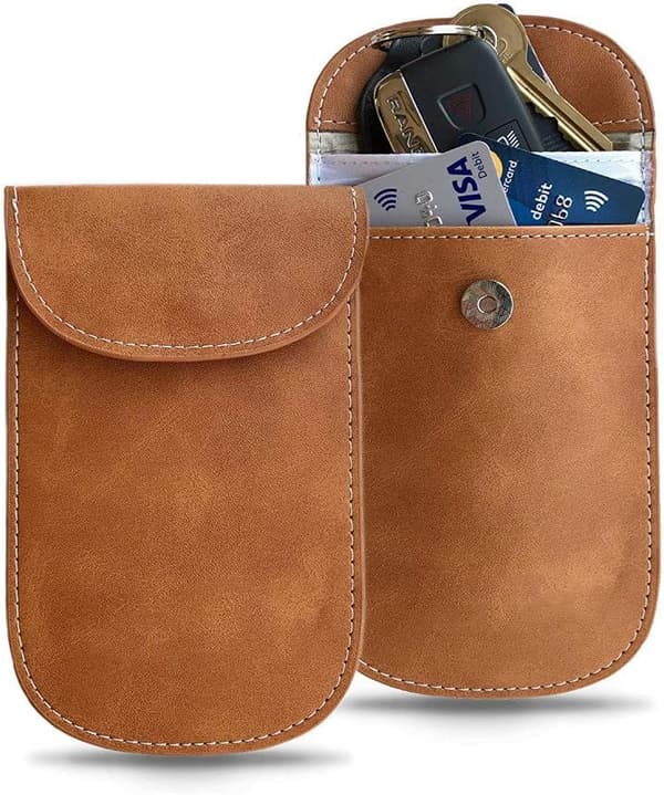 Faraday RFID Signal Blocking Pouch - Genuine Brown Leather, for Car Keys, RFID Blocking, Key Holder, Key Ring, Anti-Theft, Security, Key Protection