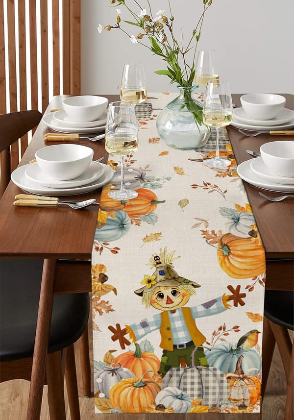 Thanksgiving Scarecrow bordløper Gård Gresskar Høst Lin Bomull Bordløper Kommodeduker, Høst 13x90in