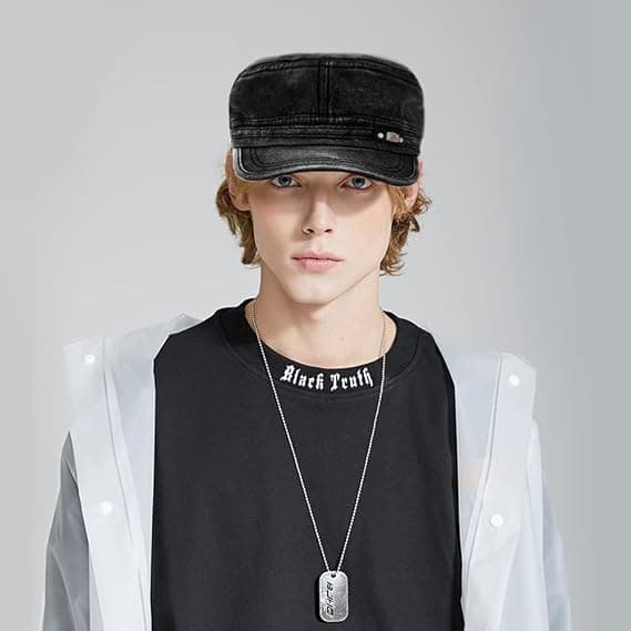 Unisex Cadet Army Cap Adjustable Flat Top Cap Washed Cotton Military Hat Baseball Cap Black