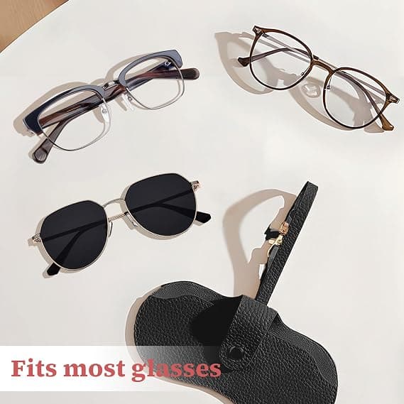 Portable Soft Leather Sunglasses Case with Keychain Hook, Lightweight, Slim, Metal Snap Closure Black