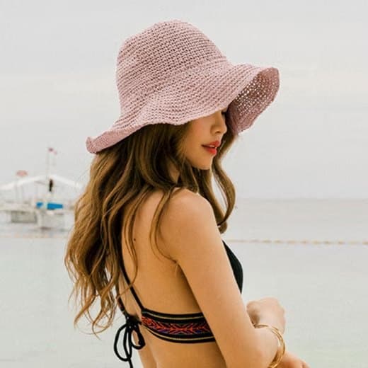Sammenfoldelig Solhat til Kvinder, Bredskygget Sammenfoldelig Stråhat - Sommer & Strand, Dame Solhat til Sommeren 57-59 cm Rosa pink