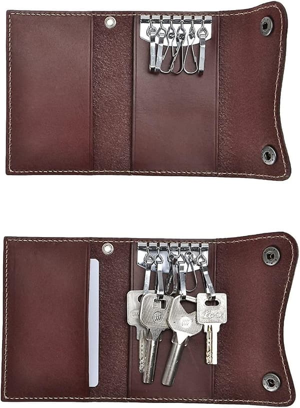 Genuine Leather Key Case Wallet 6 Hooks Snap Closure Key Holder with Card Slots
