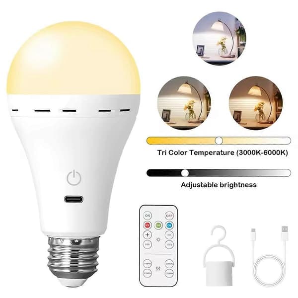 LED Rechargeable Light Bulbs with Remote Control E26 Battery Operated Light Bulb Smart 3 Color Changing Bulb with Hook